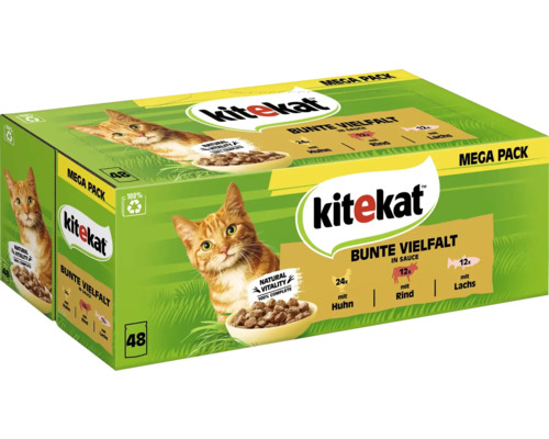 Katzenfutter nass kitekat Multipack Bunte Vielfalt in Sauce mit Rind, Huhn, Lachs 48 x 85 g