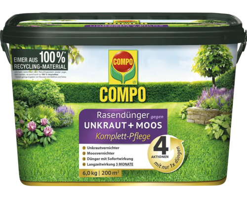 Rasendünger gegen Unkraut und Moos COMPO Komplett-Pflege 6 kg 200 m²