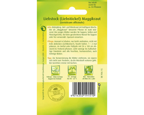 Liebstöckel Saatgutpackung mit Informationen zu Aussaat, Pflege und Ernte