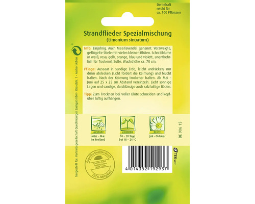 Strandflieder Spezialmischung Samenpackung mit Informationen zu Aussaat, Pflege und Blütezeit