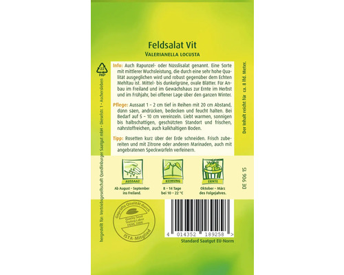 Feldsalat Vit Saatgutpackung mit Informationen zu Aussaat, Keimung und Ernte