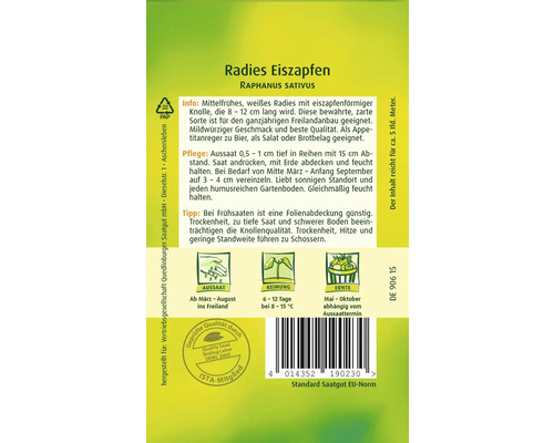 Radieschen Eiszapfen Saatgutpackung mit Informationen zu Anbau und Ernte