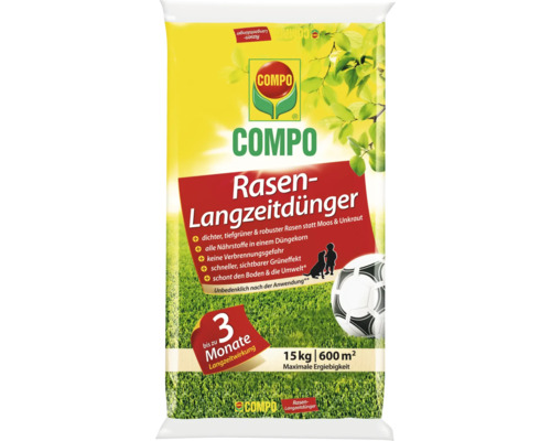 Rasen-Langzeitdünger COMPO 15 kg 600 m² mineralischer Dünger Compo Rasen Langzeitdüngerpackung, 15 Kilogramm für bis zu 600 Quadratmeter