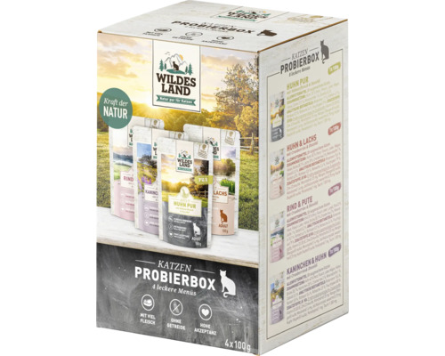 Katzenfutter nass WILDES LAND 4er Pouch Probierbox , Multipack 4x 100 g, Fisch, Geflügel, Kaninchen, Rind und Kalb mit wertvollen Superfoods, getreidefrei, Glutenfrei 400 g