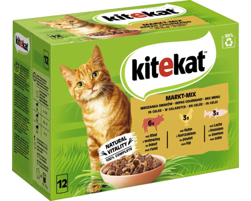 Katzenfutter nass kitekat Maxipack Marktmix in Gelee 12x 85g, 1,020 kg , Rind, Huhn, Lachs