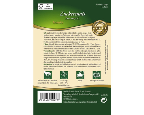 Zuckermais Saatgutpackung mit Informationen zu Aussaat, Keimung und Standort