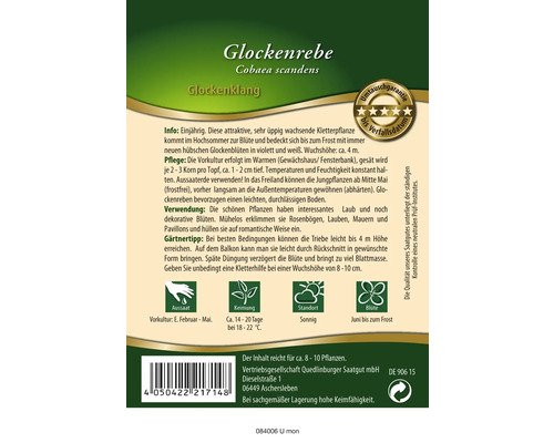 Saatgutpackung Glockenrebe mit Informationen zu Anzucht, Pflege und Verwendung