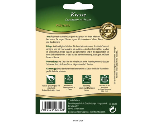 Kressesamenpackung mit Informationen zu Aussaat, Keimung, Standort und Ernte