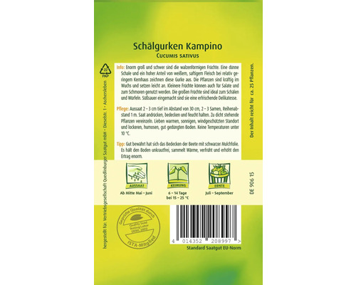 Schälgurken Kampino Samenpackung der Art Cucumis sativus mit Informationen zu Anbau und Ernte