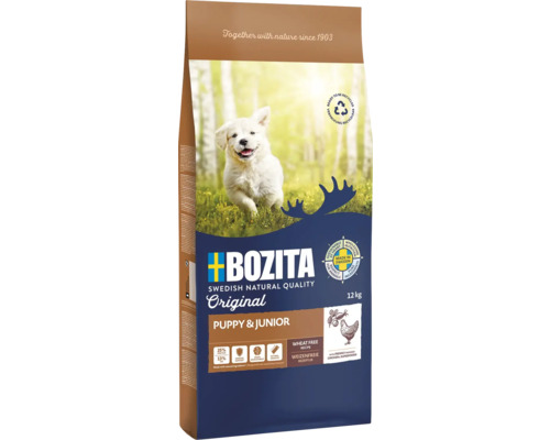 Hundefutter trocken BOZITA Original Puppy & Junior 12 kg , Huhn, weizenfrei, mit getrockneten Heidel- und Preisbeeren, Hagebutte