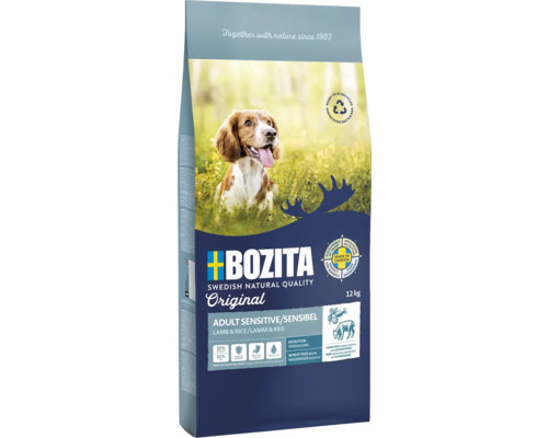 Hundefutter trocken BOZITA Original Adult Sensitive Lamb 12 kg , Lamm, weizenfrei, mit getrockneten Heidel- und Preisbeeren, Hagebutte