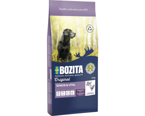 Hundefutter trocken BOZITA Original Adult Senior & Vital 12 kg , Huhn, weizenfrei, mit getrockneten Heidel- und Preisbeeren, Hagebutte