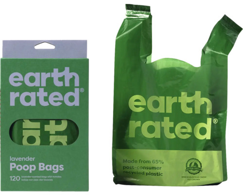 Earth Rated Kotbeutel Lavendelduft, Packung mit 120 Stück und einzelne Kotbeutel aus 65 Prozent recyceltem Kunststoff.