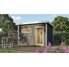 Saunahaus Topas 2 inkl.9kW Ofen u.ext.Steuerung mit Vorraum und bronzierter Ganzglastüre terragrau/weiß