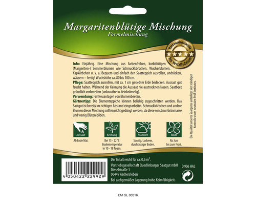 Margaritenblütige Mischung Saatgutpackung mit Informationen zu Aussaat, Keimung, Standort und Blütezeit