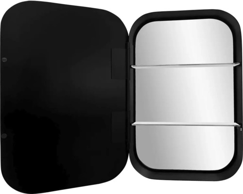 Geöffneter Spiegelschrank mit zwei Ablageflächen