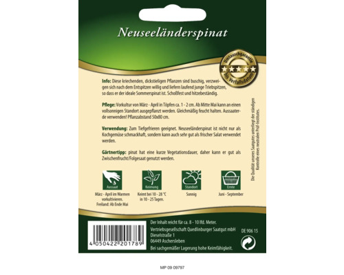 Samenpackung Neuseeländerspinat mit Informationen zu Anbau und Pflege