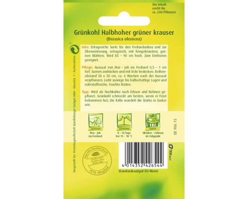Samentüte mit Grünkohl, halbhohe, grüne, krause Sorte