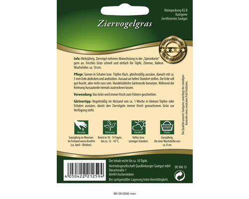 Packung Ziergras Saatgut für Ziervögel