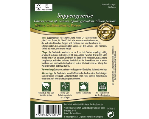 Suppengemüse Saatband Packung mit Möhren, Knollensellerie und Porree