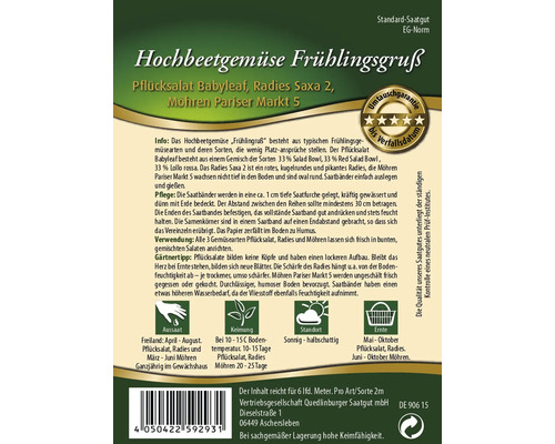 Saatgutpackung für Hochbeetgemüse Frühlingsgruß mit Pflücksalat, Radieschen und Möhren
