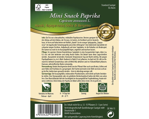 Mini Snack Paprika Samenpackung mit den Sorten Hamik, Topepo rosso und Dolce di Bergamo