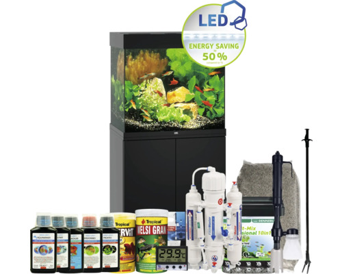 Aquariumkombination JUWEL Lido 120 SBX mit LED-Beleuchtung, Heizer, Filter und Unterschrank schwarz inkl. Starterset mit Osmoseanlage, Easy Life Pflegemittel Set, Tropical Futter, Kies, Deponit Mix, Digitalthermometer, Mulmsauger, Pflanzenzange