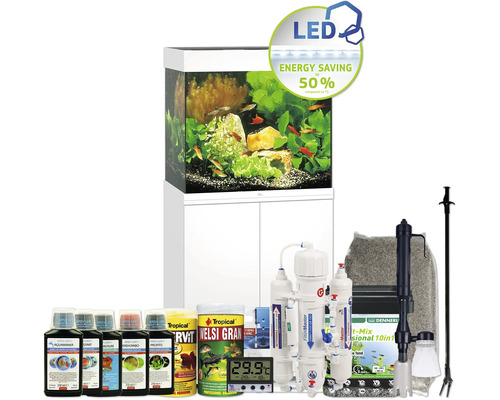 Aquariumkombination JUWEL Lido 120 SBX mit LED-Beleuchtung, Heizer, Filter und Unterschrank weiß inkl. Starterset mit Osmoseanlage, Easy Life Pflegemittel Set, Tropical Futter, Kies, Deponit Mix, Digitalthermometer, Mulmsauger, Pflanzenzange