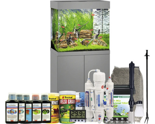 Aquariumkombination JUWEL Lido 120 SBX mit LED-Beleuchtung, Heizer, Filter und Unterschrank grau inkl. Starterset mit Osmoseanlage, Easy Life Pflegemittel Set, Tropical Futter, Kies, Deponit Mix, Digitalthermometer, Mulmsauger, Pflanzenzange