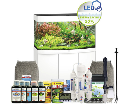 Aquariumkombination JUWEL Vision 180 SBX mit LED-Beleuchtung, Heizer, Filter und Unterschrank weiß inkl. Starterset mit Osmoseanlage, Easy Life Pflegemittel Set, Tropical Futter, Kies, Deponit Mix, Digitalthermometer, Mulmsauger, Pflanzenzange