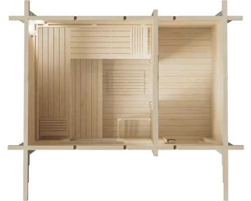 Draufsicht einer Gartensauna aus Holz mit Bänken