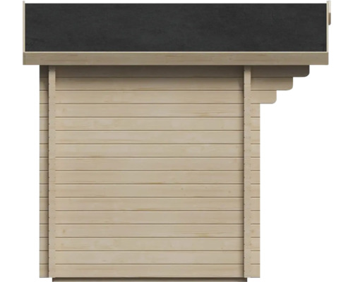 Ansicht einer Gartenlaube aus Holz mit Dachpappe