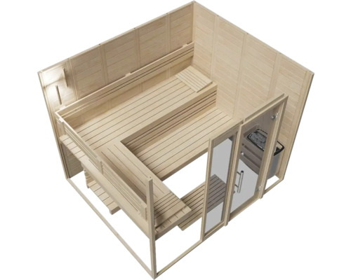 Innenansicht einer Sauna mit Holzbänken und einem Saunaofen hinter einer Glastür.