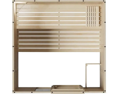 Innenansicht einer Holzsauna mit Bänken und Abluftsystem