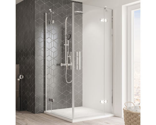Eckeinstieg Drehtür 4-teilig Breuer Avanta 90x80 cm Dekor Intima Profilfarbe chrom Duschkabine mit Eckeinstieg und Duschsystem im modernen Badezimmer