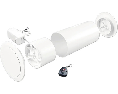 Explosionszeichnung eines Rohrlüfters mit Fernbedienung