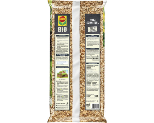Sack mit COMPO Bio Holzschnitzel mit einem Volumen von 60 Litern als Bodenabdeckung.