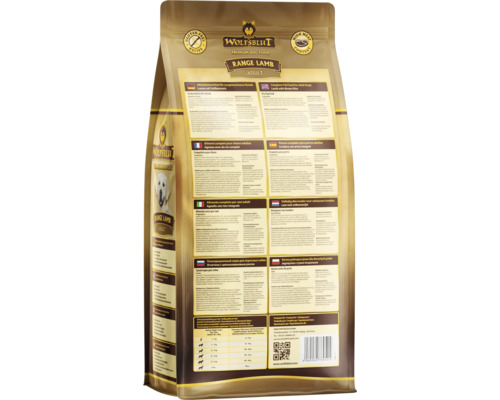 Rückseite der Wolfsblut Range Lamb Adult Hundetrockenfutter Verpackung mit Produktinformationen.