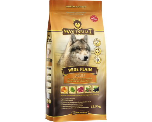 Hundefutter trocken WOLFSBLUT Wide Plain Adult, Pferd mit Süßkartoffeln mit wertvollen Superfoods, getreidefrei, Glutenfrei 12,5 kg