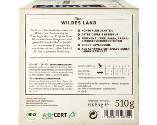 Informationen zum Wildes Land Katzenfutter mit Fütterungsempfehlung und Inhaltsangaben