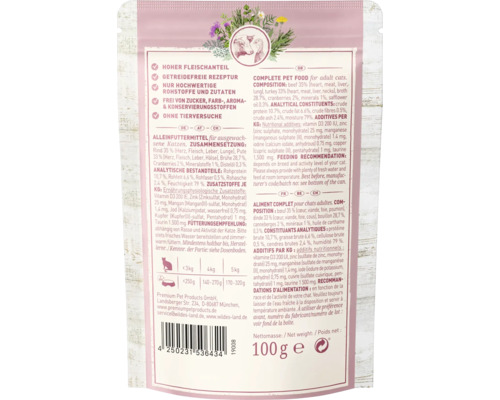 Verpackung von Alleinfuttermittel für ausgewachsene Katzen mit Rind und Pute