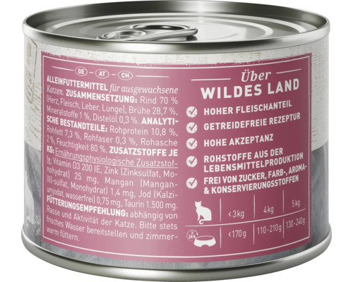 Dose Katzenfutter für ausgewachsene Katzen von Wildes Land mit Rind