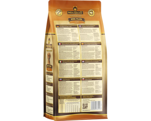Rückseite der Wolfsblut Wide Plain Puppy Hundefutter Verpackung mit Zutateninformationen.