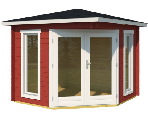 Kleines Gartenhaus aus Holz mit Fenstern und Doppeltür