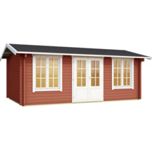 Gartenhaus aus Holz mit Fenstern und Doppeltür