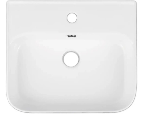 Aufsicht auf ein weißes Keramikwaschbecken mit Hahnloch und Überlauf