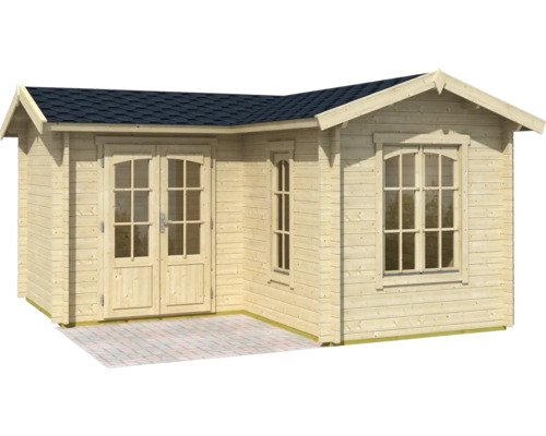 Gartenhaus aus Holz mit Fenstern und Doppeltür