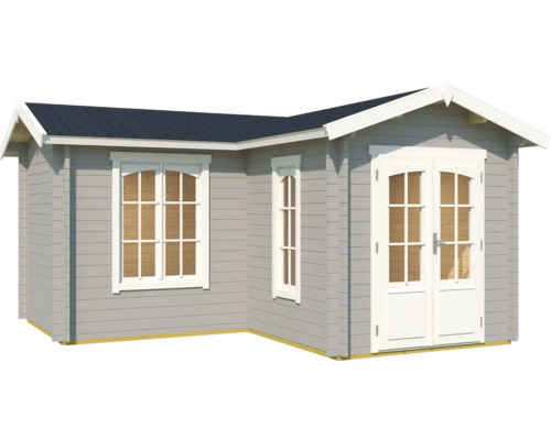 Graues Gartenhaus mit Fenstern und Doppeltür