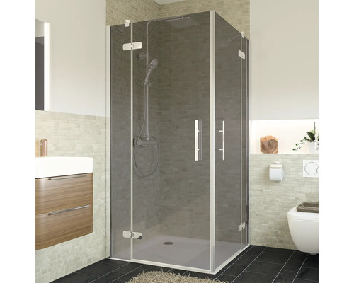 Eckdusche mit Glaswänden, Dusche, Waschbecken und Toilette in einem Badezimmer