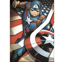 Captain America mit Schild vor amerikanischer Flagge